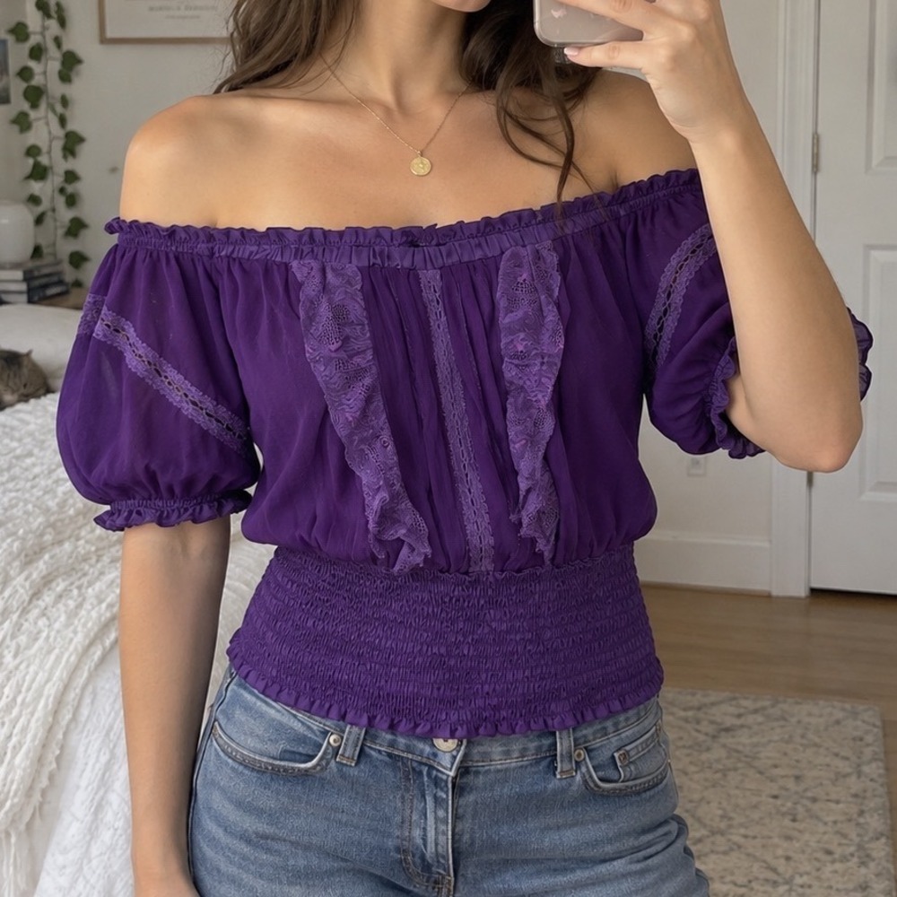 XOXO Purple Peasant Blouse Off Shoulder Smocked Lace Ruffle Top Y2K L witchy